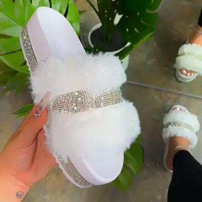 Comfortable Bling Bling Diamond High Flat Fur Slipper Sandals For Ladies  women slippers